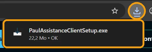 Chrome : icône des téléchargements entourée en haut à droite, et le fichier PaulAssistanceClientSetup.exe encadré, sur lequel cliquer