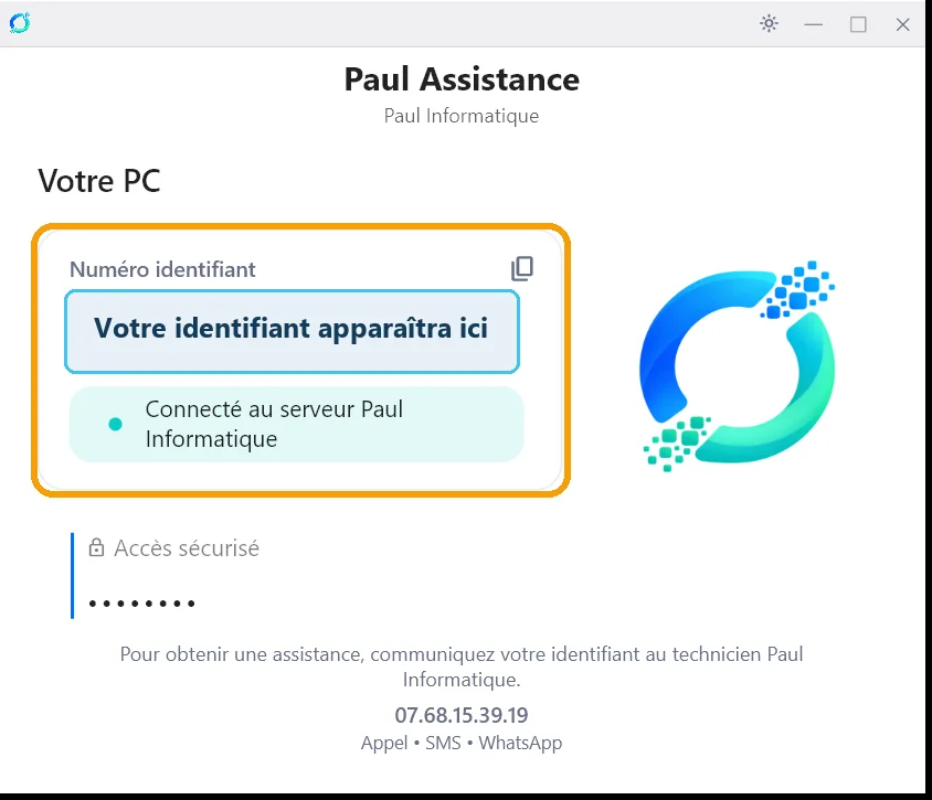 La fenêtre Paul Assistance : la zone Numéro identifiant est encadrée, avec la mention « Votre identifiant apparaîtra ici »