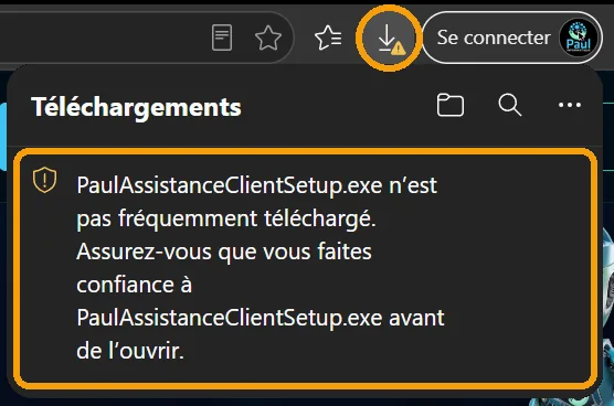 Edge : icône des téléchargements entourée, et le message affiché par Edge pour PaulAssistanceClientSetup.exe, encadré